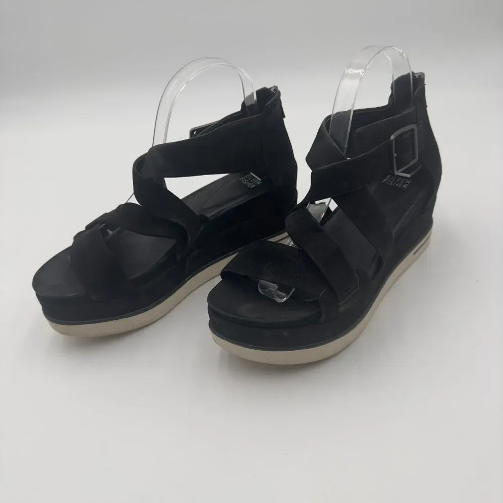 Eileen Fisher Suede Boost Wedge Sandal with crisscross strap, Back zip. Size 9.5